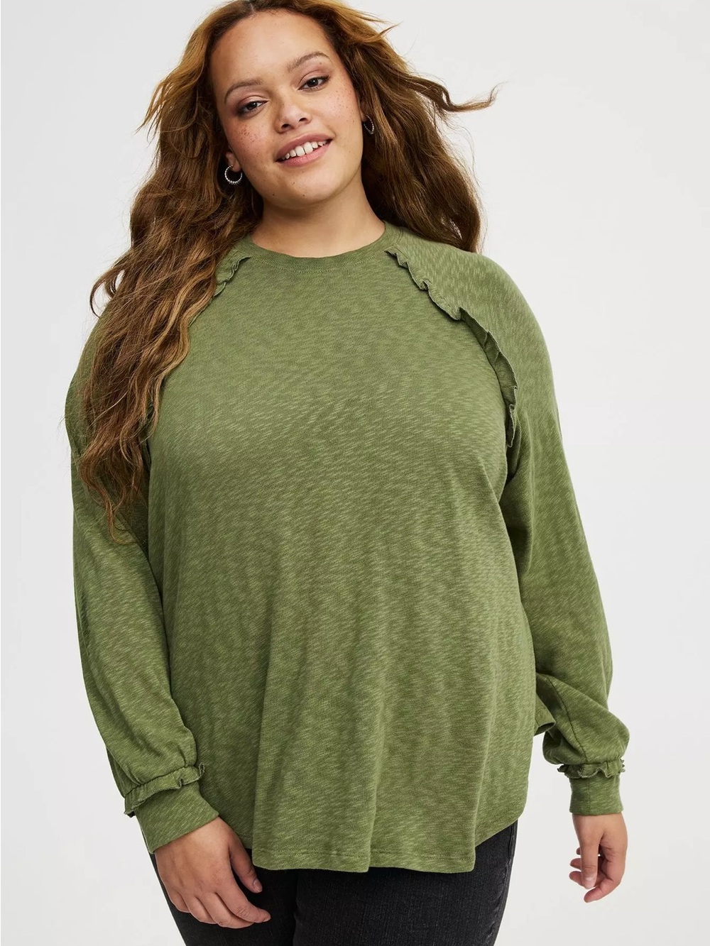 torrid Olive Green Over-sized Slub Knit Ruffle-Accent Long Sleeve Top